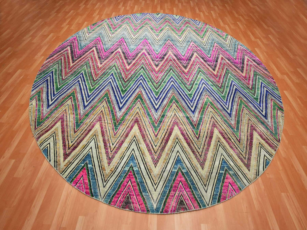 11'8" x 11'9" New Hand Knotted Pink Wool & Silk Round Oriental Rug - MOA10275567