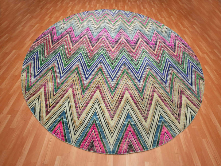 11'8" x 11'9" New Hand Knotted Pink Wool & Silk Round Oriental Rug - MOA10275567