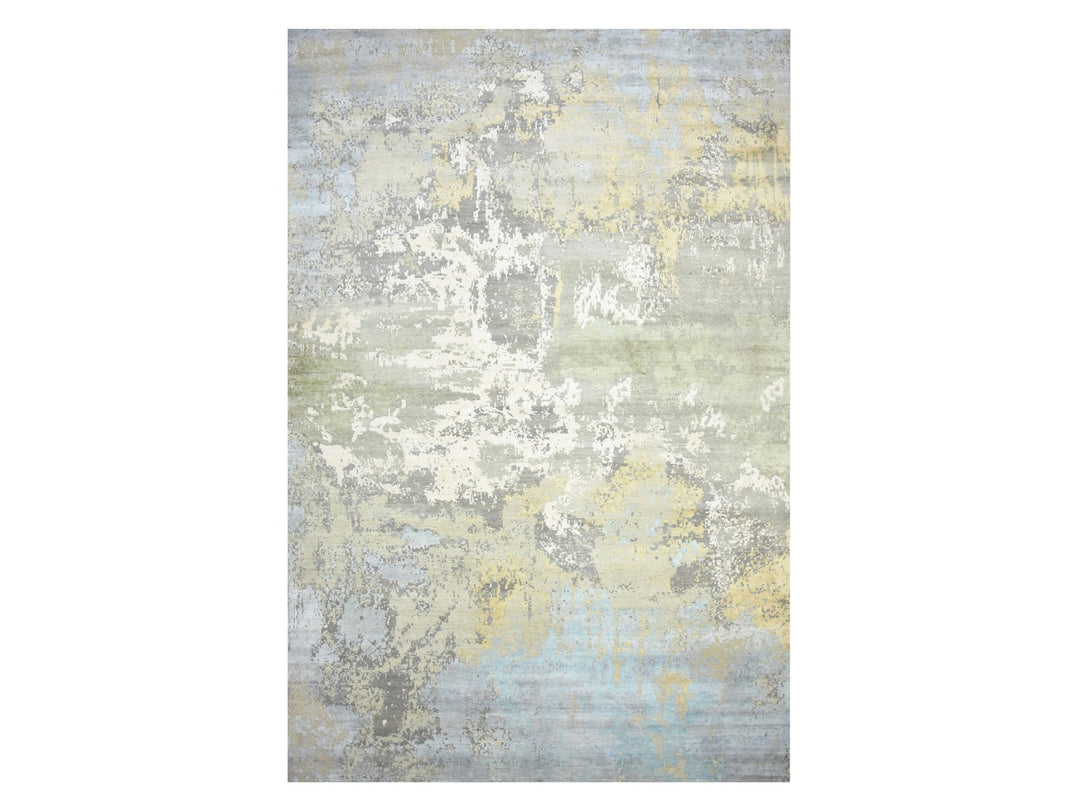 11'10" x 18'5" New Hand Knotted Grey Wool & Silk Rectangle Oriental Rug - MOA10275672