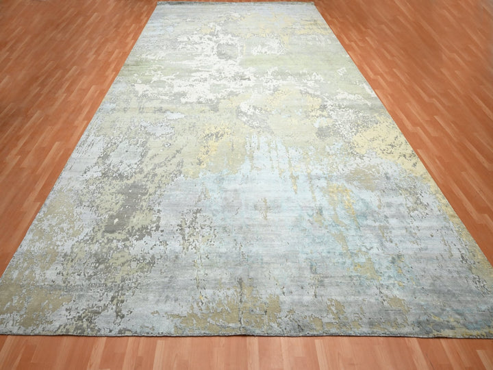 11'10" x 18'5" New Hand Knotted Grey Wool & Silk Rectangle Oriental Rug - MOA10275672