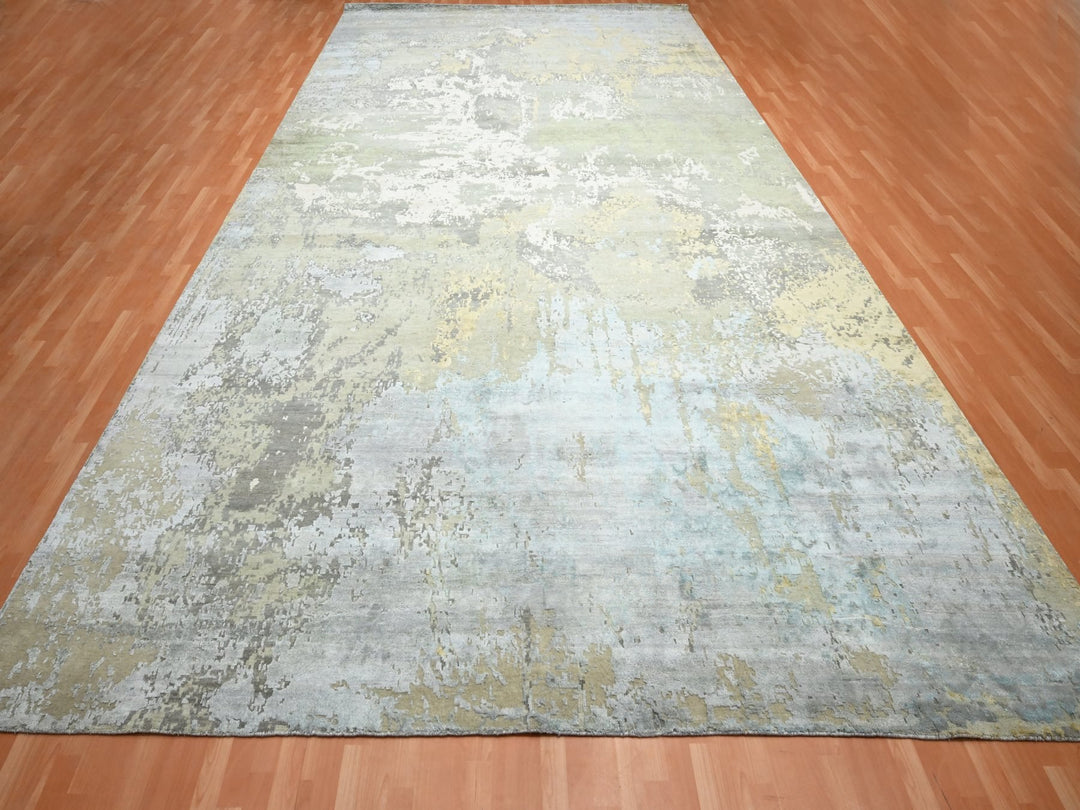 11'10" x 18'5" New Hand Knotted Grey Wool & Silk Rectangle Oriental Rug - MOA10275672