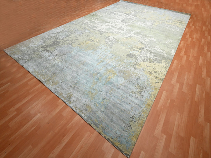 11'10" x 18'5" New Hand Knotted Grey Wool & Silk Rectangle Oriental Rug - MOA10275672