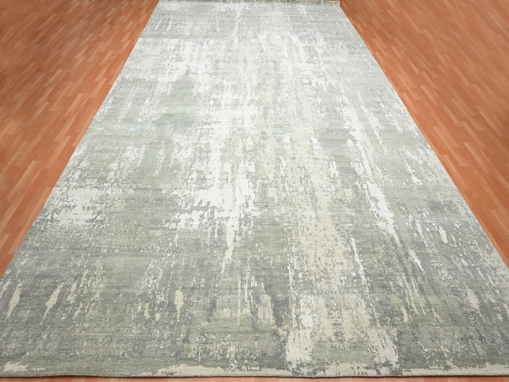 11'11" x 18'0" New Hand Knotted Grey Wool & Silk Rectangle Oriental Rug - MOA10275673