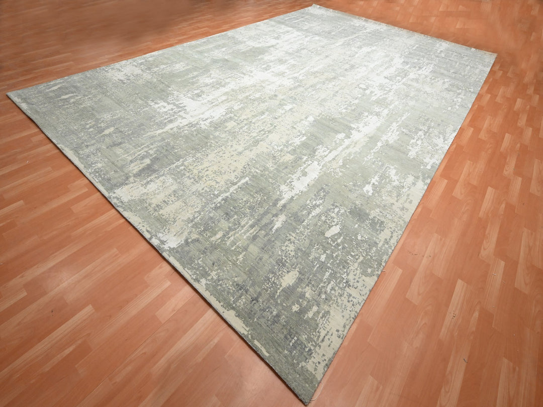 11'11" x 18'0" New Hand Knotted Grey Wool & Silk Rectangle Oriental Rug - MOA10275673