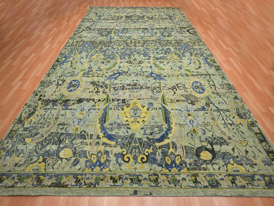 10'1" x 14'1" New Hand Knotted Green Wool Rectangle Oriental Rug - MOA10275686