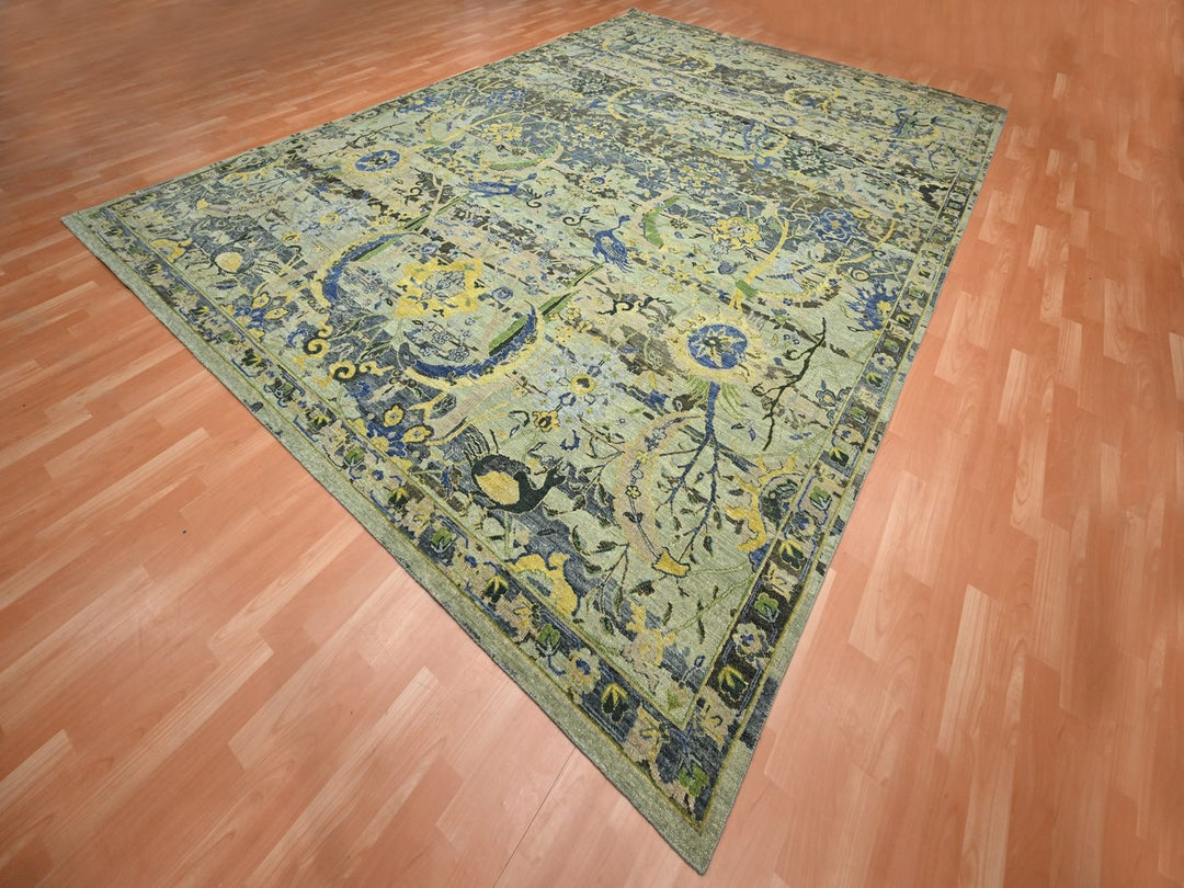 10'1" x 14'1" New Hand Knotted Green Wool Rectangle Oriental Rug - MOA10275686