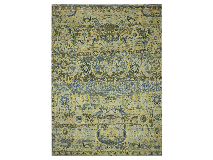 11'11" x 15'1" New Hand Knotted Green Wool Rectangle Oriental Rug - MOA10275712