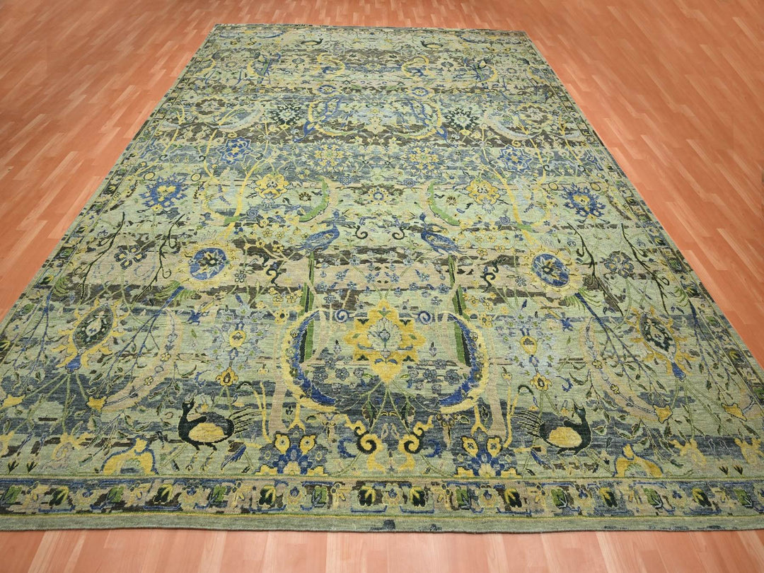 11'11" x 15'1" New Hand Knotted Green Wool Rectangle Oriental Rug - MOA10275712