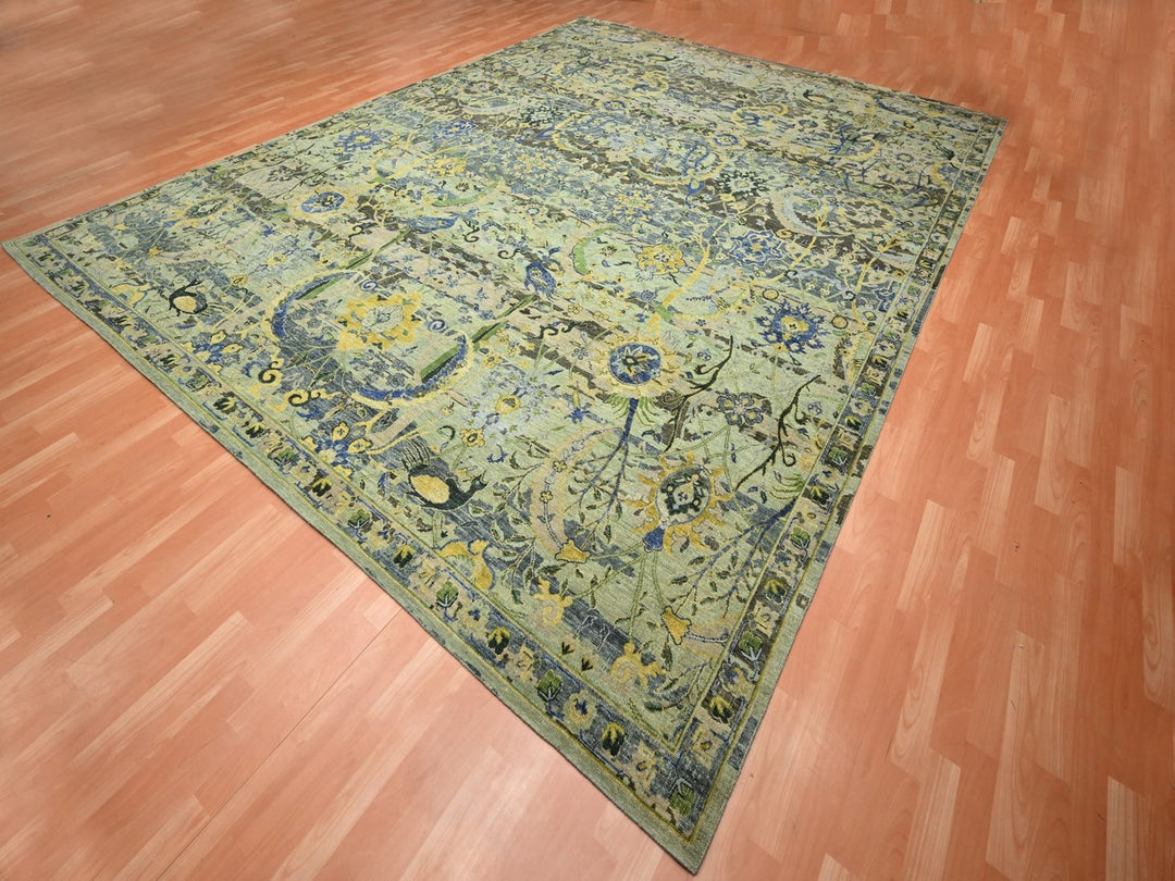 11'11" x 15'1" New Hand Knotted Green Wool Rectangle Oriental Rug - MOA10275712