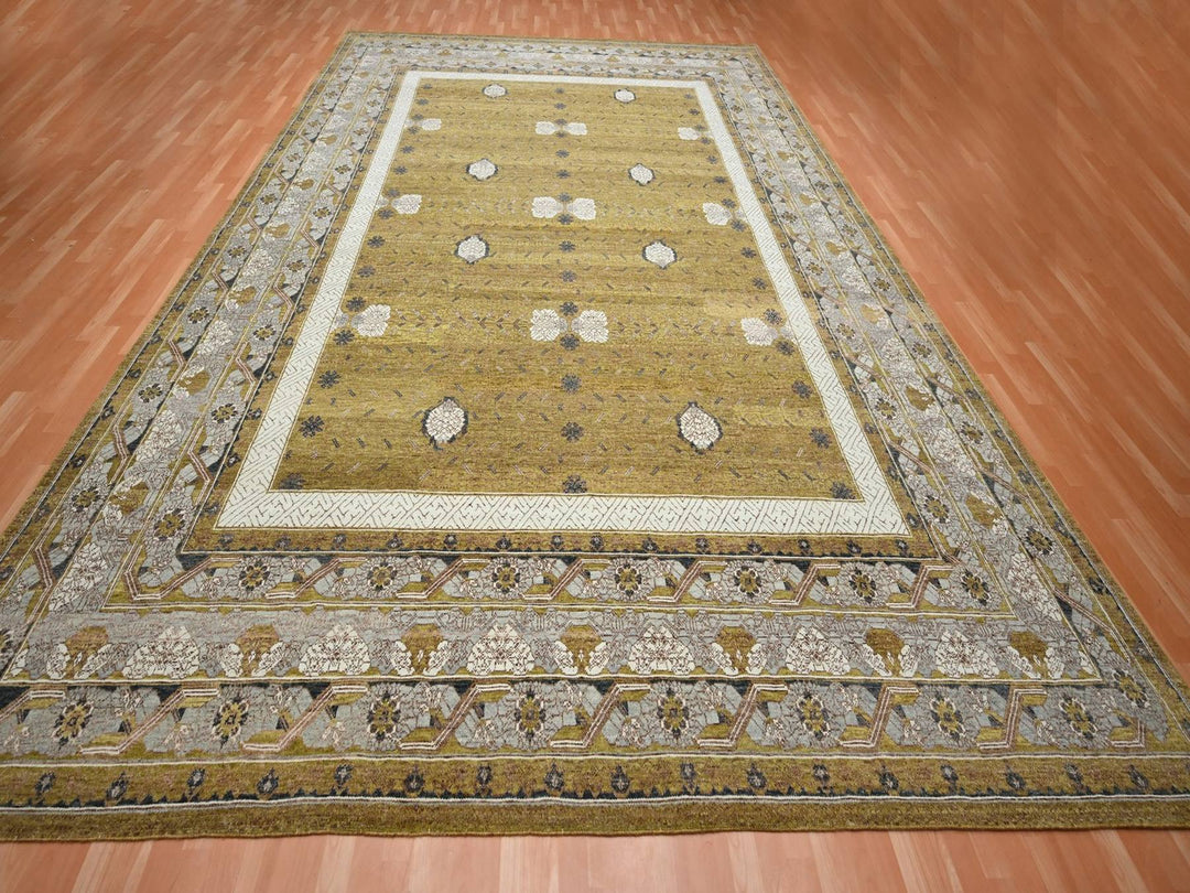 12'1" x 15'2" New Hand Knotted Yellow Wool Rectangle Oriental Rug - MOA10275721