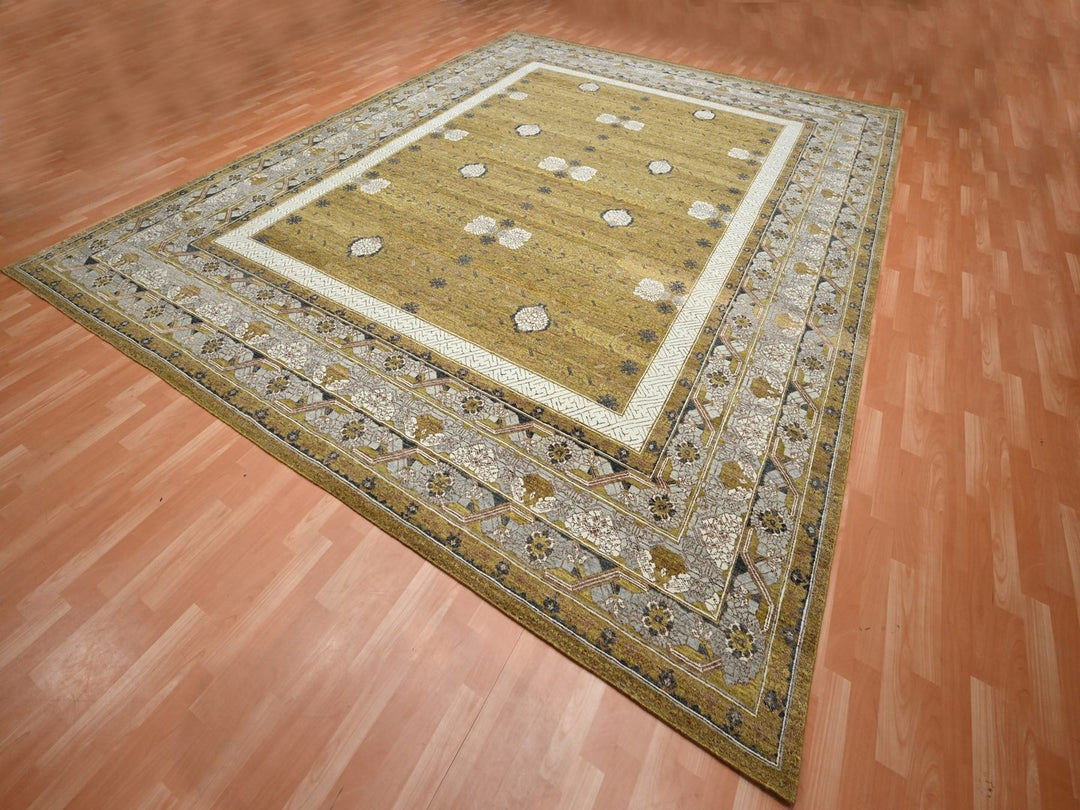 12'1" x 15'2" New Hand Knotted Yellow Wool Rectangle Oriental Rug - MOA10275721