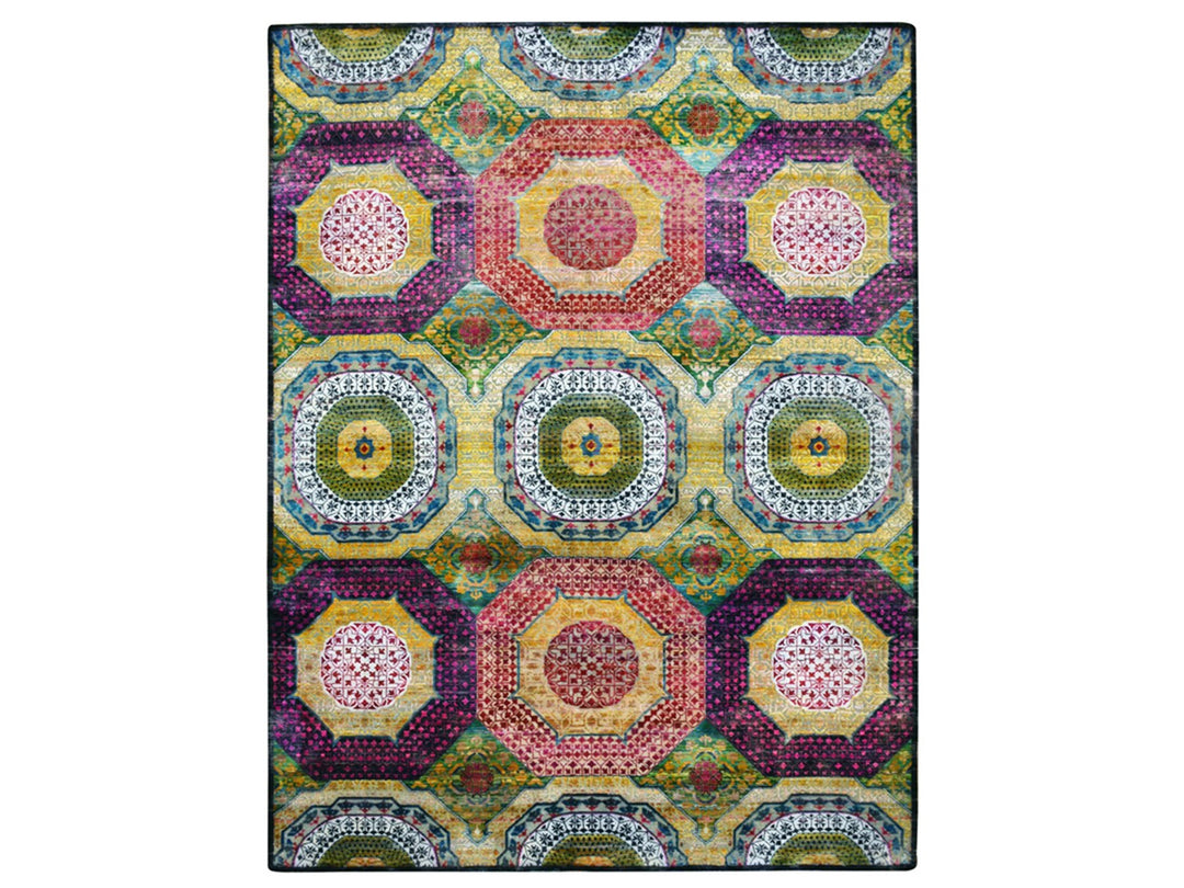 9'0" x 11'10" New Hand Knotted Yellow Wool & Silk Rectangle Oriental Rug - MOA10275726