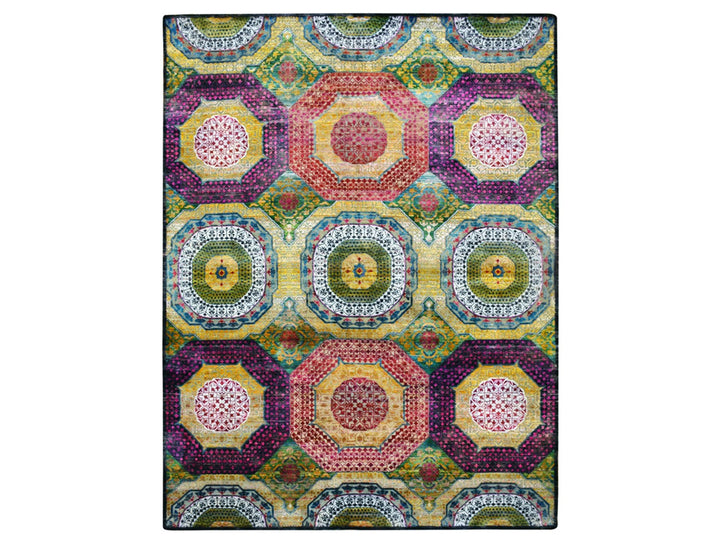 9'0" x 11'10" New Hand Knotted Yellow Wool & Silk Rectangle Oriental Rug - MOA10275726