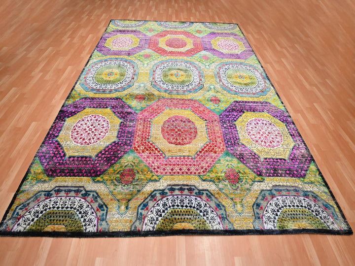 9'0" x 11'10" New Hand Knotted Yellow Wool & Silk Rectangle Oriental Rug - MOA10275726