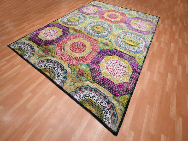 9'0" x 11'10" New Hand Knotted Yellow Wool & Silk Rectangle Oriental Rug - MOA10275726