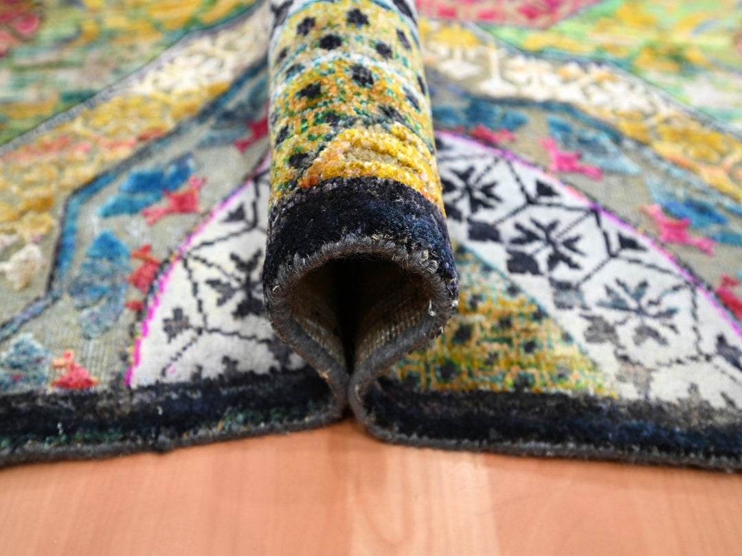 9'0" x 11'10" New Hand Knotted Yellow Wool & Silk Rectangle Oriental Rug - MOA10275726