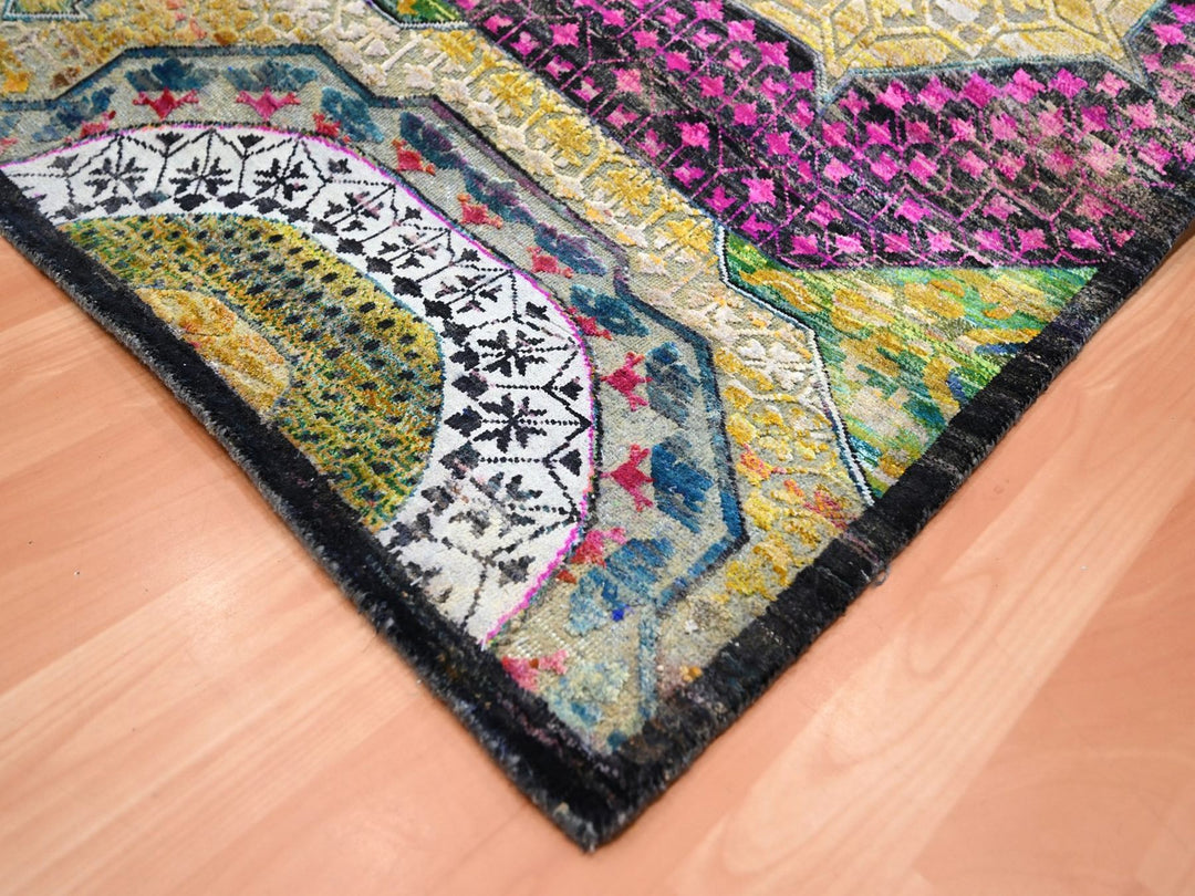 9'0" x 11'10" New Hand Knotted Yellow Wool & Silk Rectangle Oriental Rug - MOA10275726