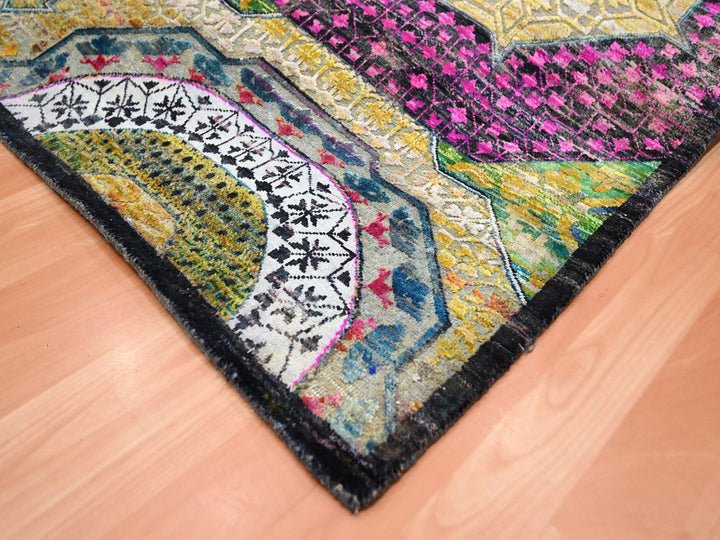 9'0" x 11'10" New Hand Knotted Yellow Wool & Silk Rectangle Oriental Rug - MOA10275726