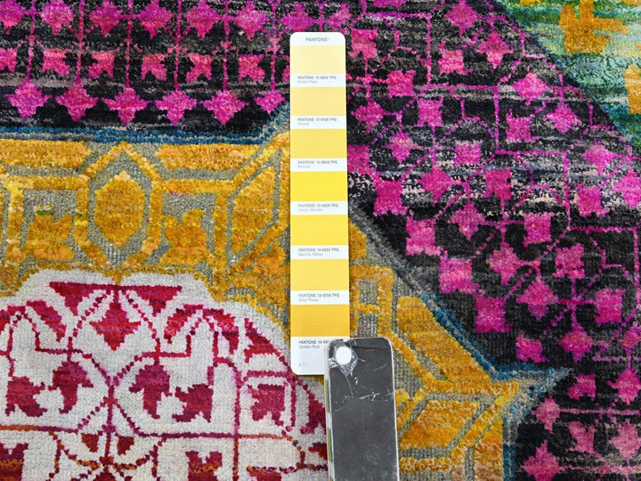 9'0" x 11'10" New Hand Knotted Yellow Wool & Silk Rectangle Oriental Rug - MOA10275726