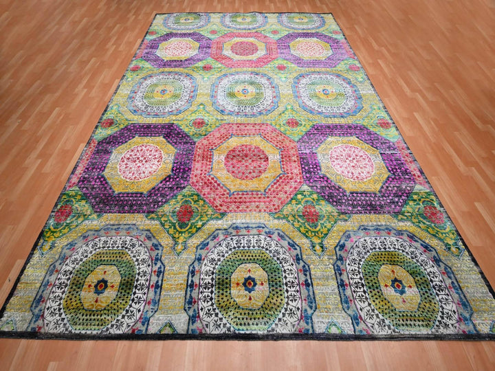 10'0" x 14'1" New Hand Knotted Yellow Wool & Sari Silk Rectangle Oriental Rug - MOA10275730