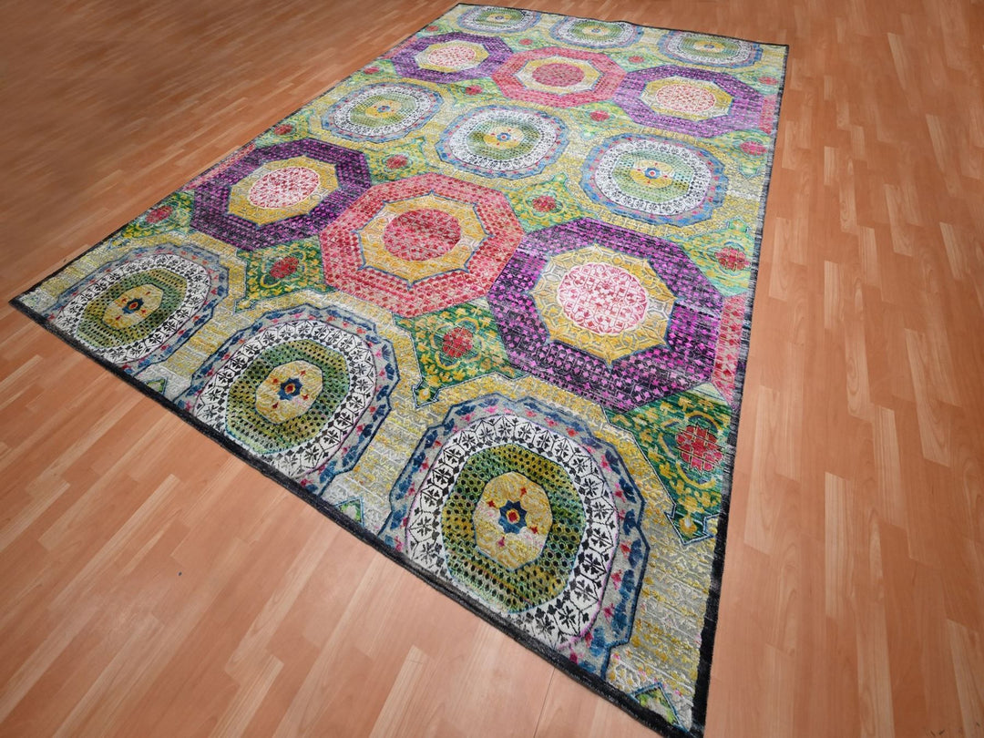 10'0" x 14'1" New Hand Knotted Yellow Wool & Sari Silk Rectangle Oriental Rug - MOA10275730