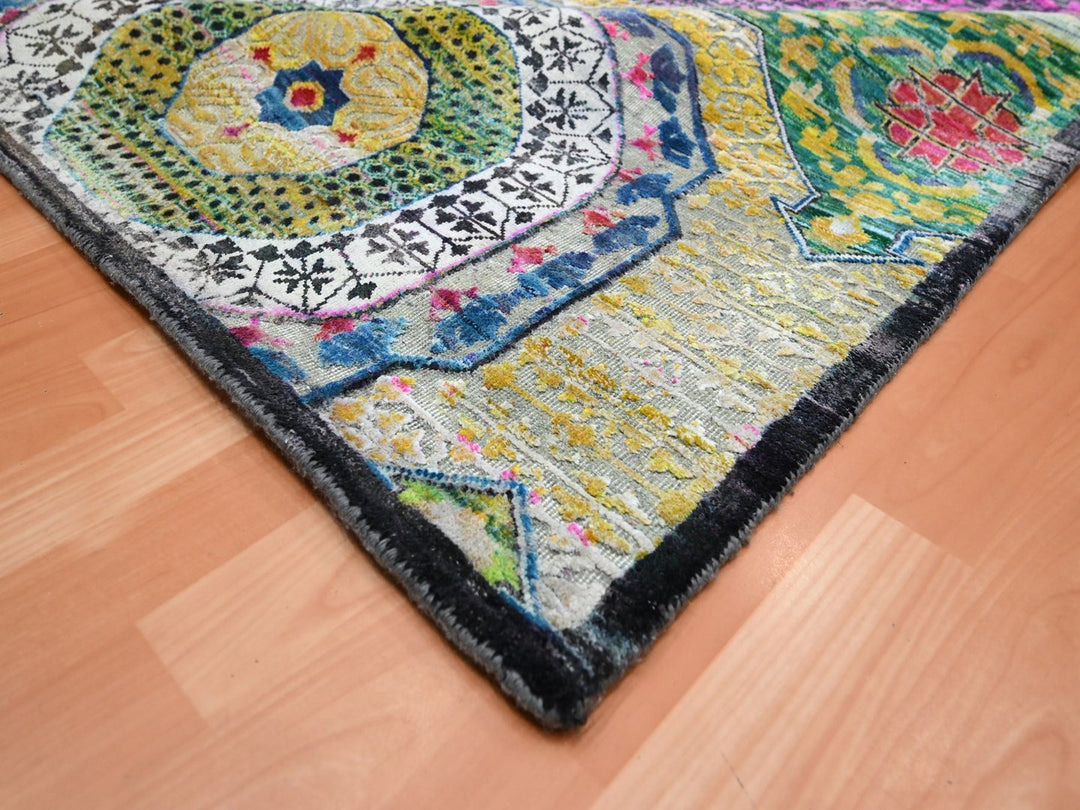 10'0" x 14'1" New Hand Knotted Yellow Wool & Sari Silk Rectangle Oriental Rug - MOA10275730