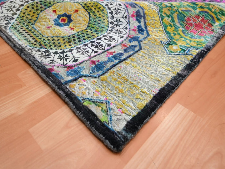 10'0" x 14'1" New Hand Knotted Yellow Wool & Sari Silk Rectangle Oriental Rug - MOA10275730