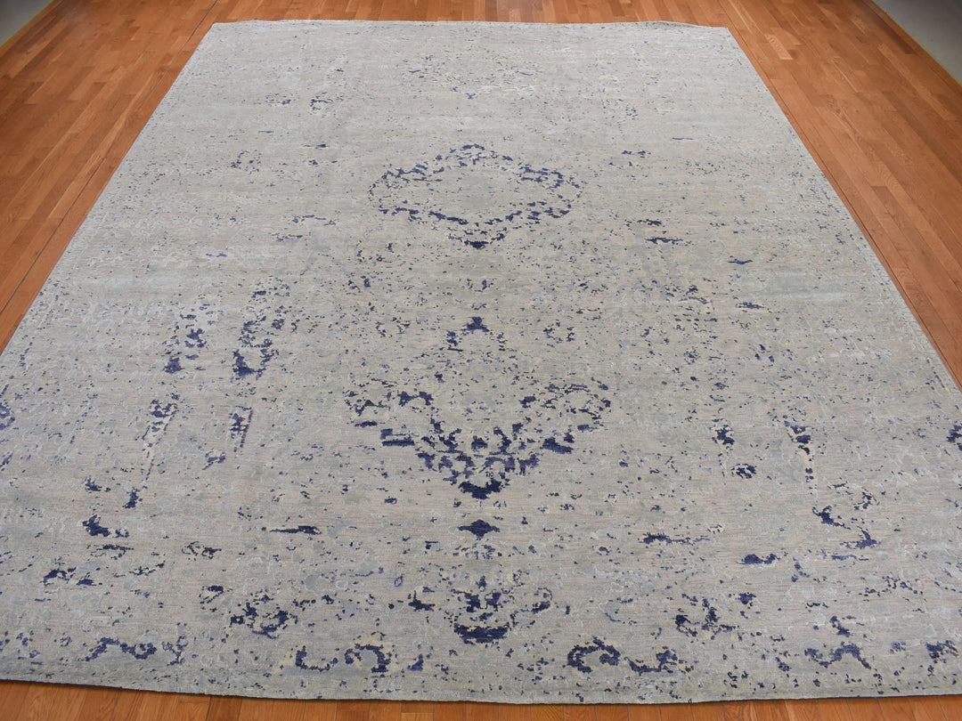 11'10" x 14'9" New Hand Knotted Blue Wool & Silk Rectangle Oriental Rug - MOA10278001