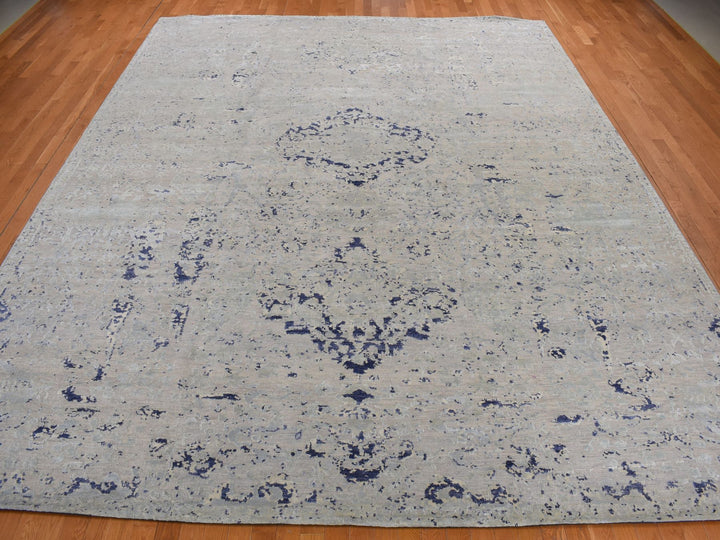 11'10" x 14'9" New Hand Knotted Blue Wool & Silk Rectangle Oriental Rug - MOA10278001