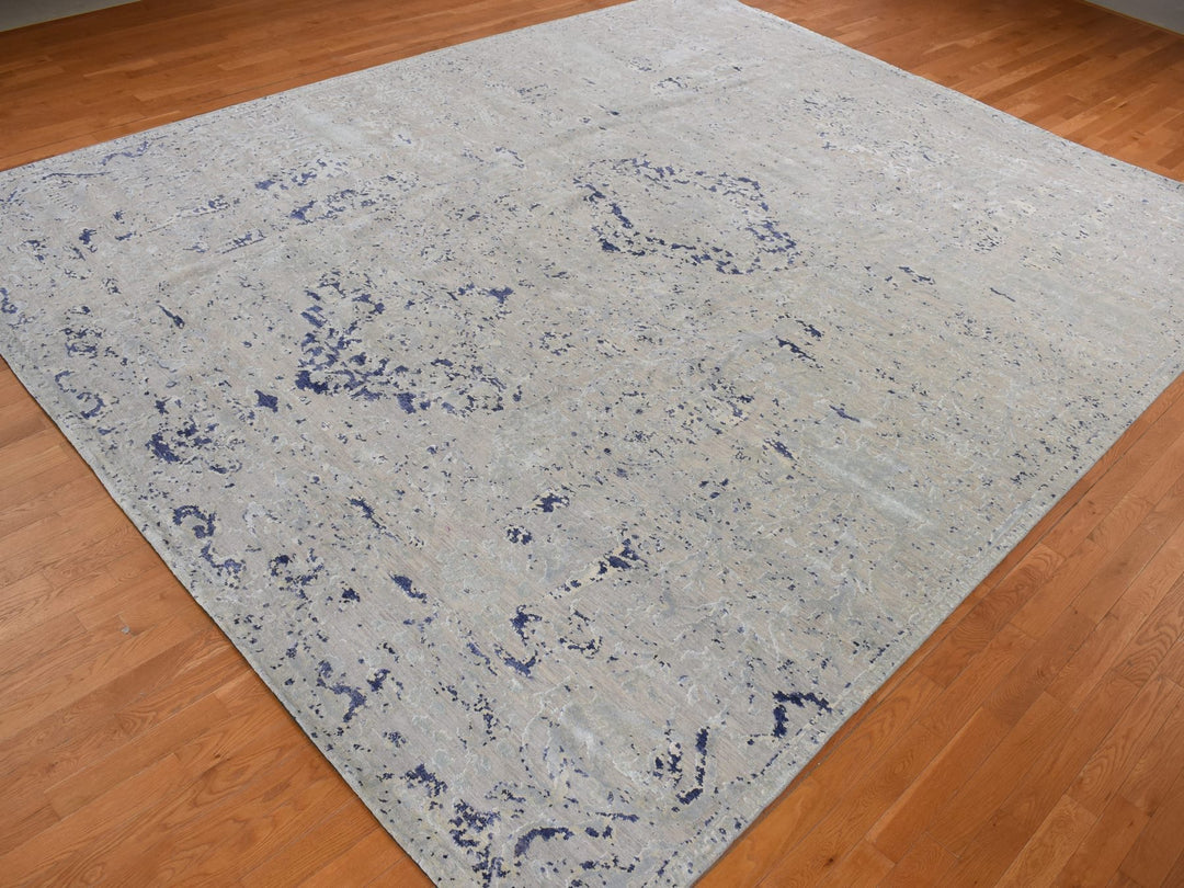 11'10" x 14'9" New Hand Knotted Blue Wool & Silk Rectangle Oriental Rug - MOA10278001
