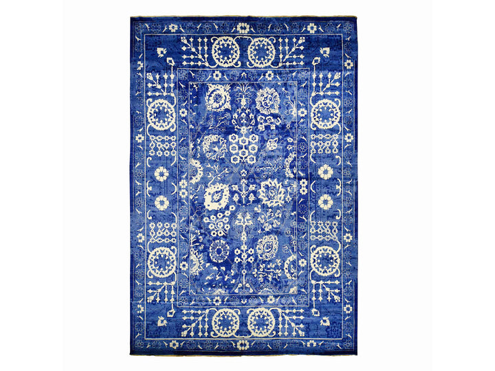 12'2" x 18'3" New Hand Knotted Blue Wool & Silk Rectangle Oriental Rug - MOA10278014