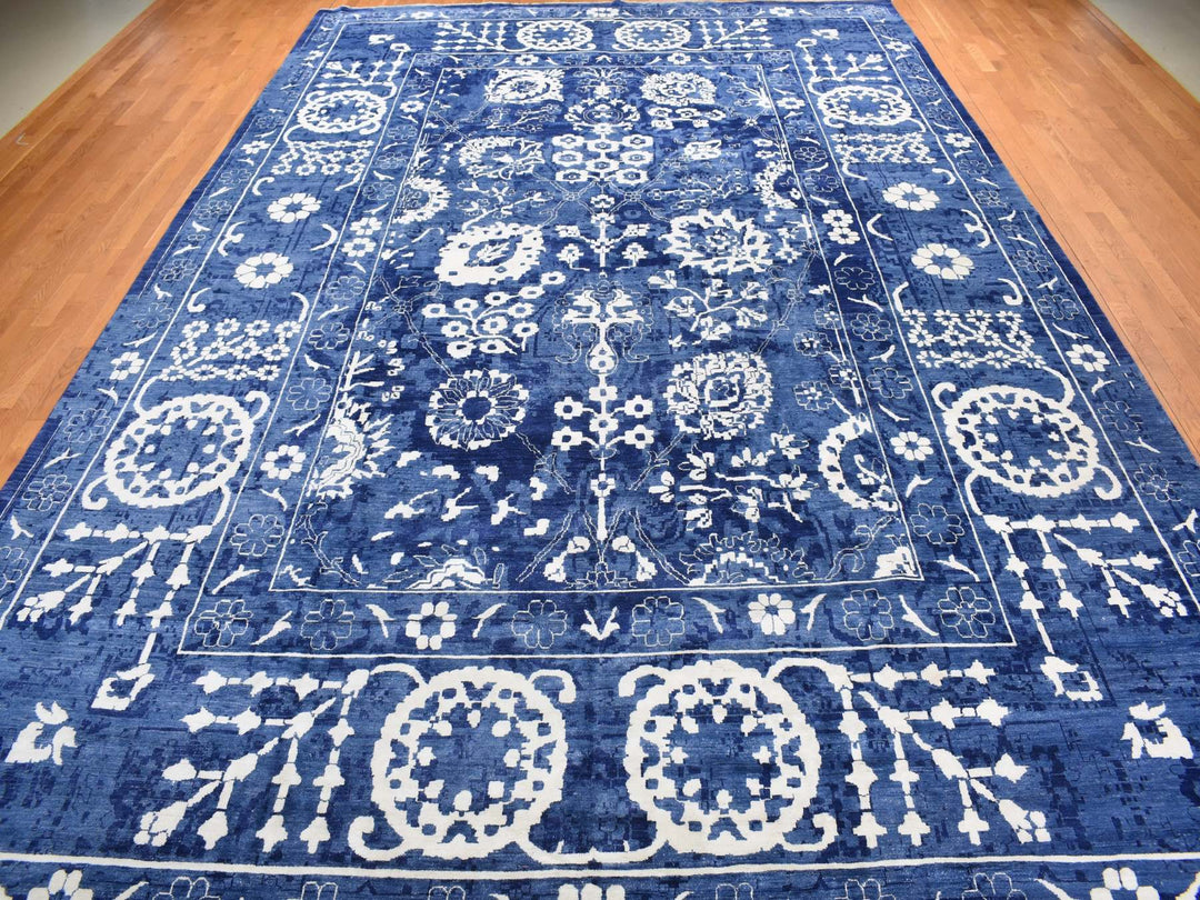 12'2" x 18'3" New Hand Knotted Blue Wool & Silk Rectangle Oriental Rug - MOA10278014