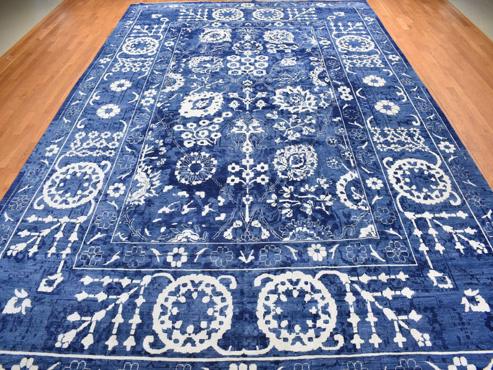 12'2" x 18'3" New Hand Knotted Blue Wool & Silk Rectangle Oriental Rug - MOA10278014