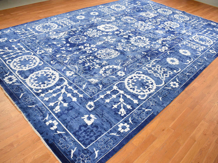 12'2" x 18'3" New Hand Knotted Blue Wool & Silk Rectangle Oriental Rug - MOA10278014