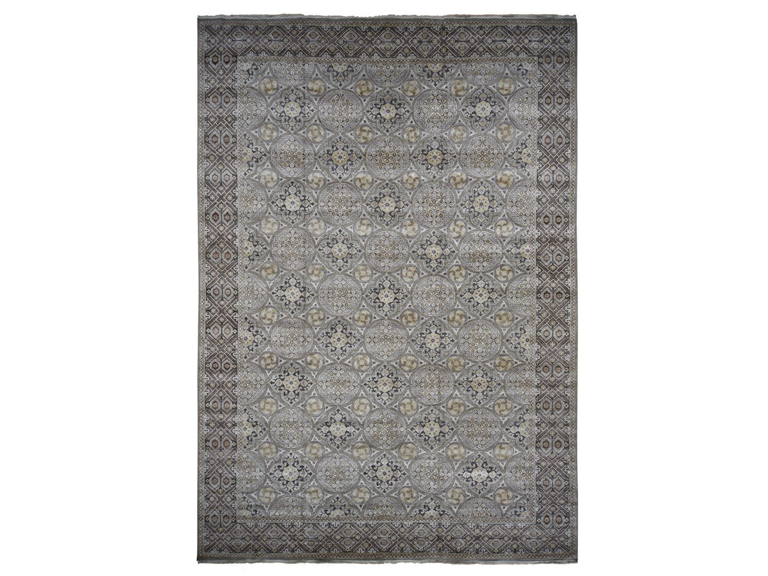 11'10" x 18'6" New Hand Knotted Grey Wool & Silk Rectangle Oriental Rug - MOA10278016