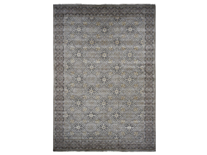 11'10" x 18'6" New Hand Knotted Grey Wool & Silk Rectangle Oriental Rug - MOA10278016