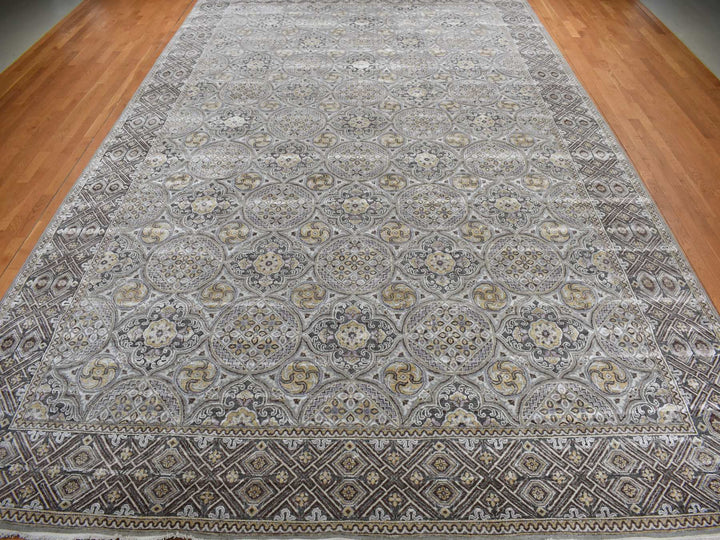 11'10" x 18'6" New Hand Knotted Grey Wool & Silk Rectangle Oriental Rug - MOA10278016