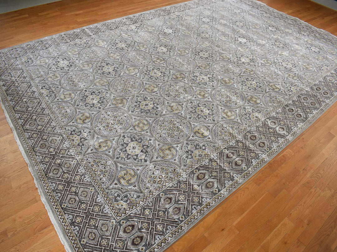 11'10" x 18'6" New Hand Knotted Grey Wool & Silk Rectangle Oriental Rug - MOA10278016
