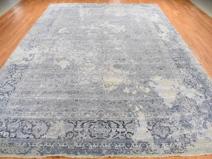 12'0" x 18'0" New Hand Knotted Grey Wool & Silk Rectangle Oriental Rug - MOA10278038