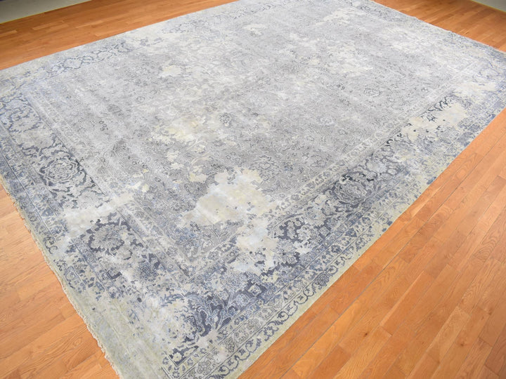 12'0" x 18'0" New Hand Knotted Grey Wool & Silk Rectangle Oriental Rug - MOA10278038
