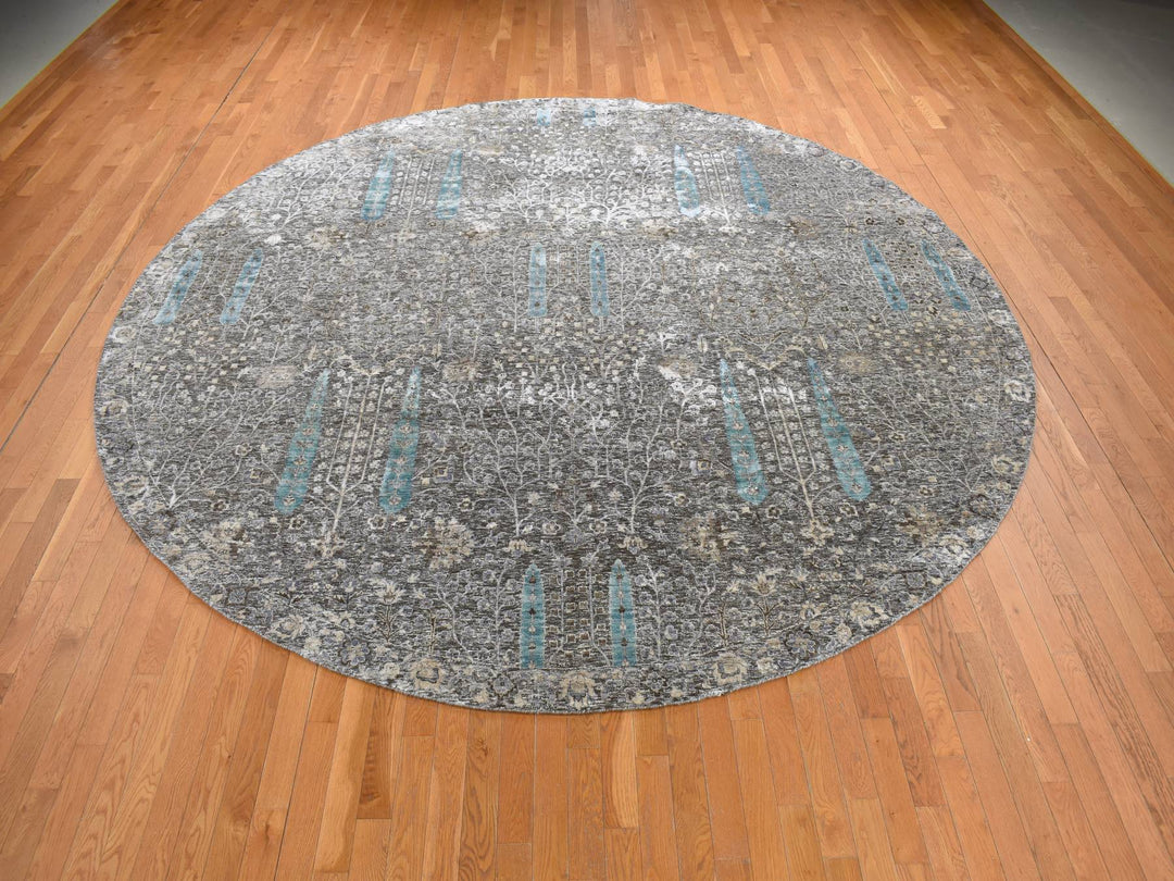 11'9" x 11'9" New Hand Knotted Black Wool & Silk Round Oriental Rug - MOA10278043