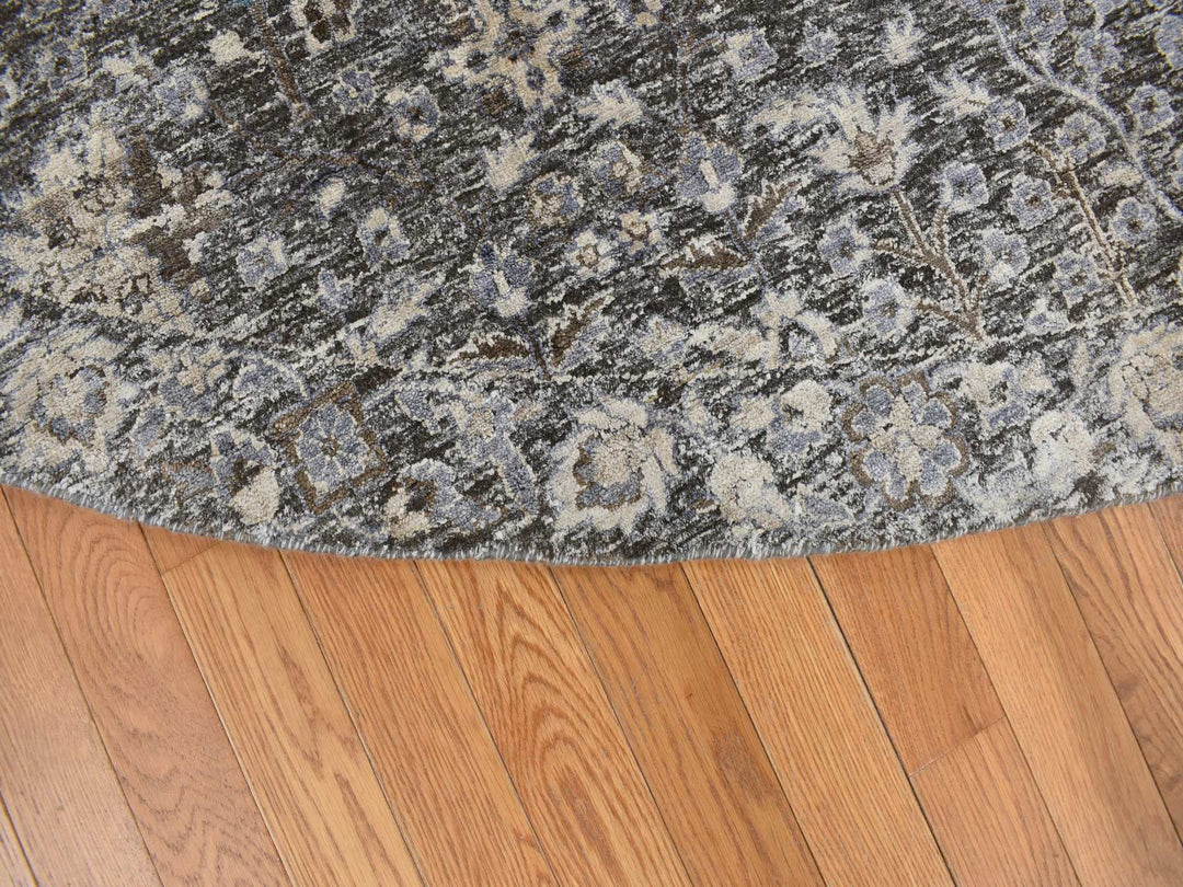 11'9" x 11'9" New Hand Knotted Black Wool & Silk Round Oriental Rug - MOA10278043