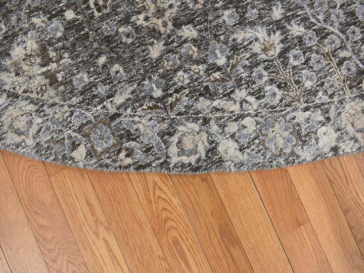 11'9" x 11'9" New Hand Knotted Black Wool & Silk Round Oriental Rug - MOA10278043