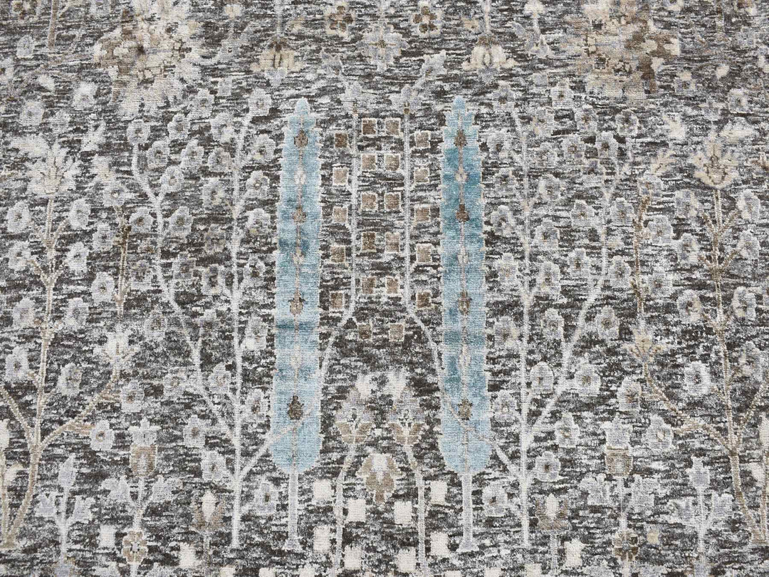 11'9" x 11'9" New Hand Knotted Black Wool & Silk Round Oriental Rug - MOA10278043