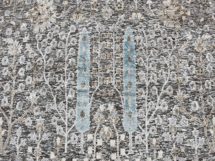 11'9" x 11'9" New Hand Knotted Black Wool & Silk Round Oriental Rug - MOA10278043