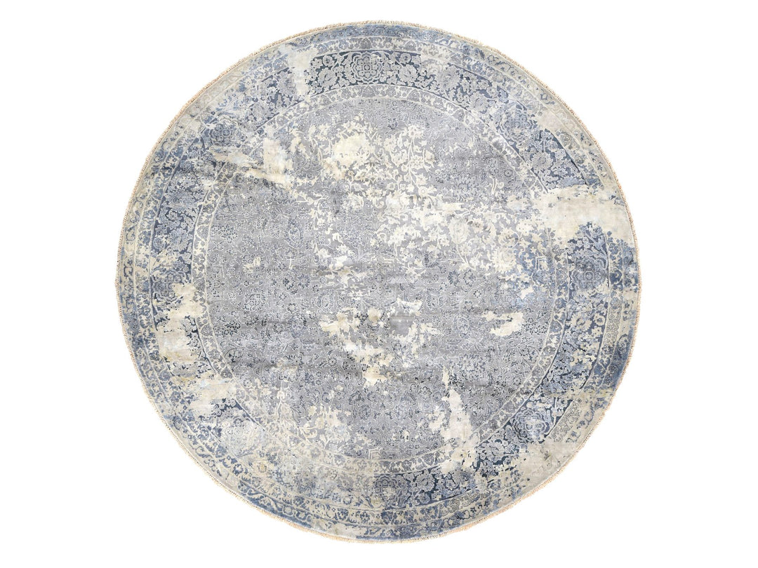 11'10" x 11'10" New Hand Knotted Grey Wool & Silk Round Oriental Rug - MOA10278065