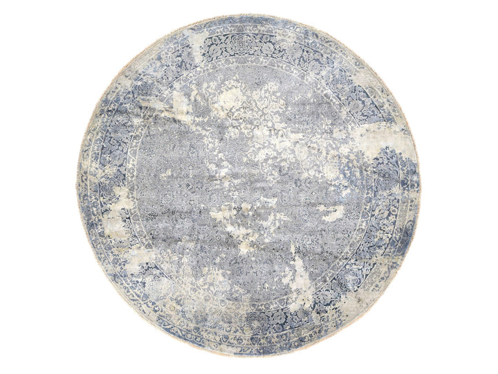 11'10" x 11'10" New Hand Knotted Grey Wool & Silk Round Oriental Rug - MOA10278065