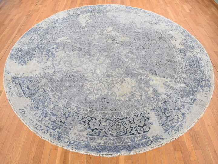 11'10" x 11'10" New Hand Knotted Grey Wool & Silk Round Oriental Rug - MOA10278065