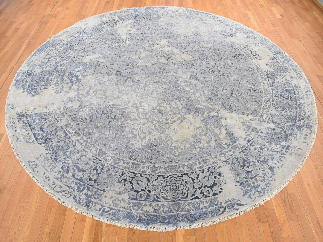 11'10" x 11'10" New Hand Knotted Grey Wool & Silk Round Oriental Rug - MOA10278065