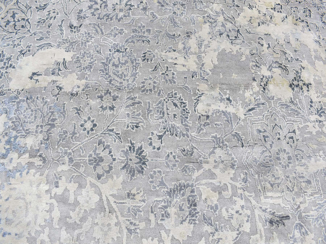 11'10" x 11'10" New Hand Knotted Grey Wool & Silk Round Oriental Rug - MOA10278065